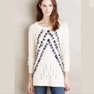 Anthropologie Knitted & Knotted Ivory Ribbon Cableknit Sweater